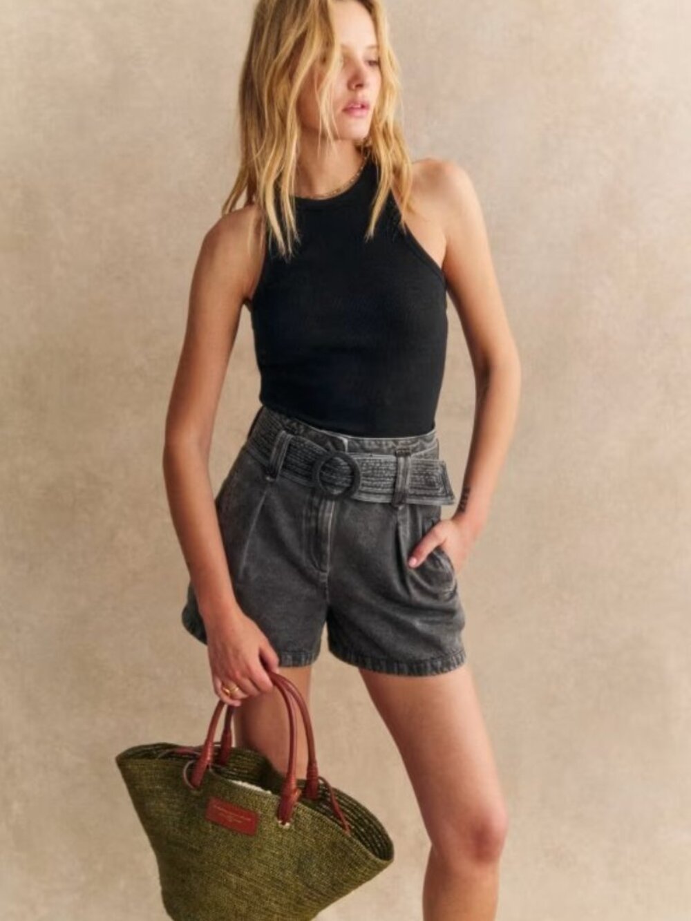 Sezane Deia Belted High Waist Short Sz 34/2 Gray Denim
